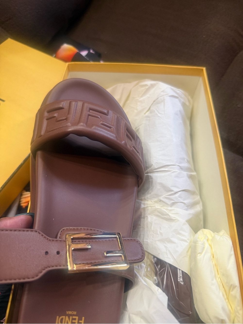 Fendi Brown Leather Slide Sandals with Gold Buckle